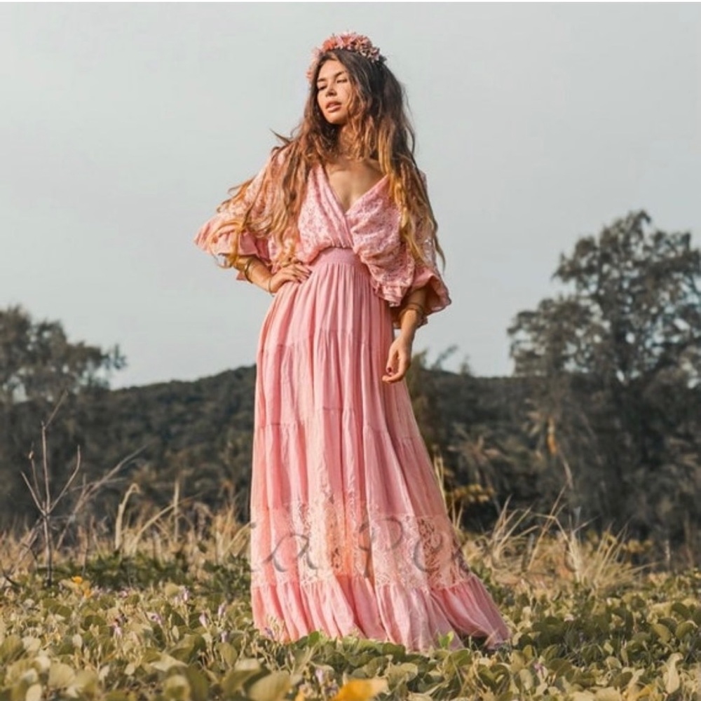 Lunette Lace trim Kaftan Pullover Dress Engagement Vacation Boho Maxi Dress